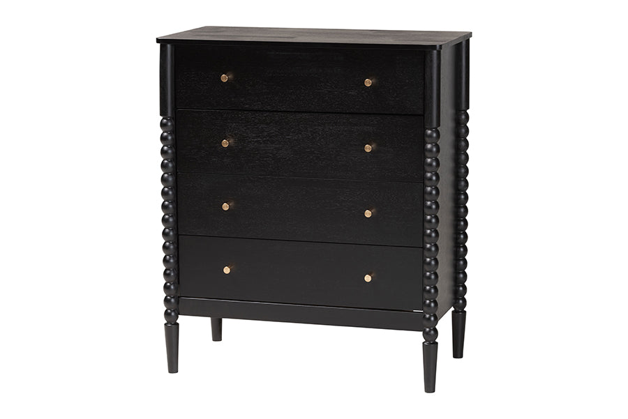 Lucera Mid-Century Black Bobbin Wood 4-Drawer Chest