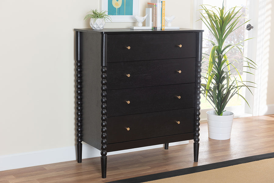Lucera Mid-Century Black Bobbin Wood 4-Drawer Chest