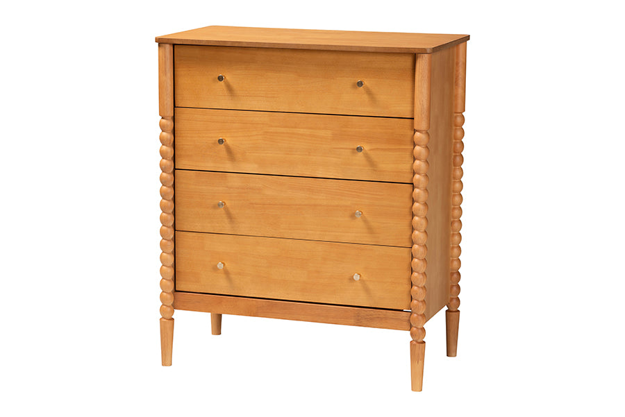 Lucera Mid-Century Oak Brown Bobbin Wood 4-Drawer Chest