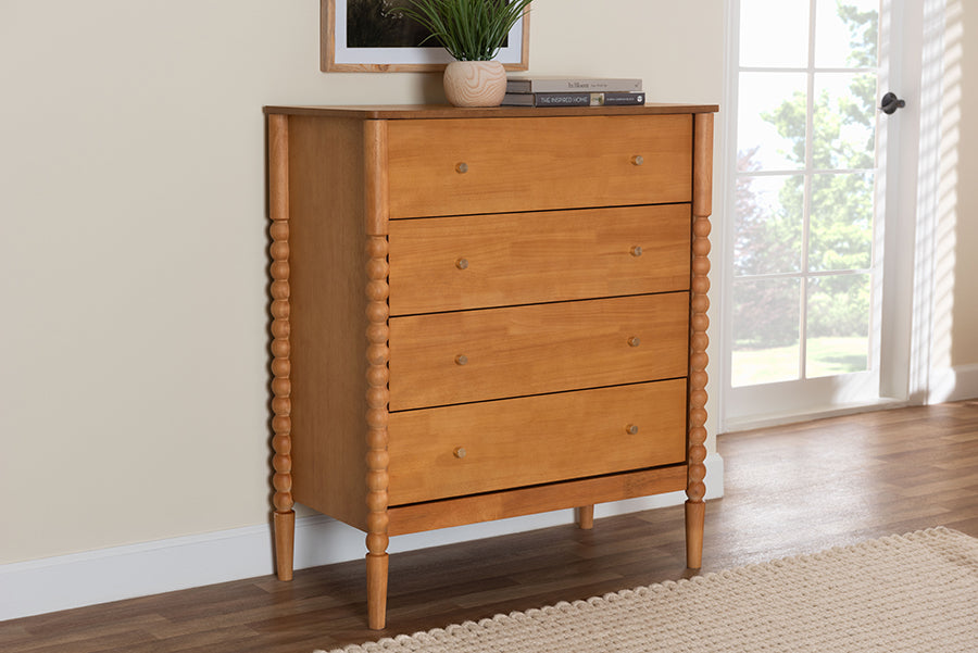 Lucera Mid-Century Oak Brown Bobbin Wood 4-Drawer Chest