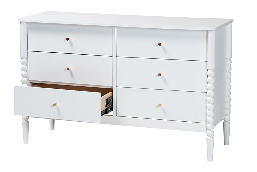 Lucera Mid-Century White Bobbin Wood 6-Drawer Dresser