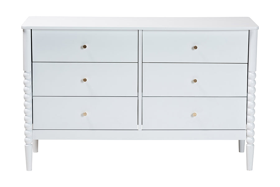 Lucera Mid-Century White Bobbin Wood 6-Drawer Dresser