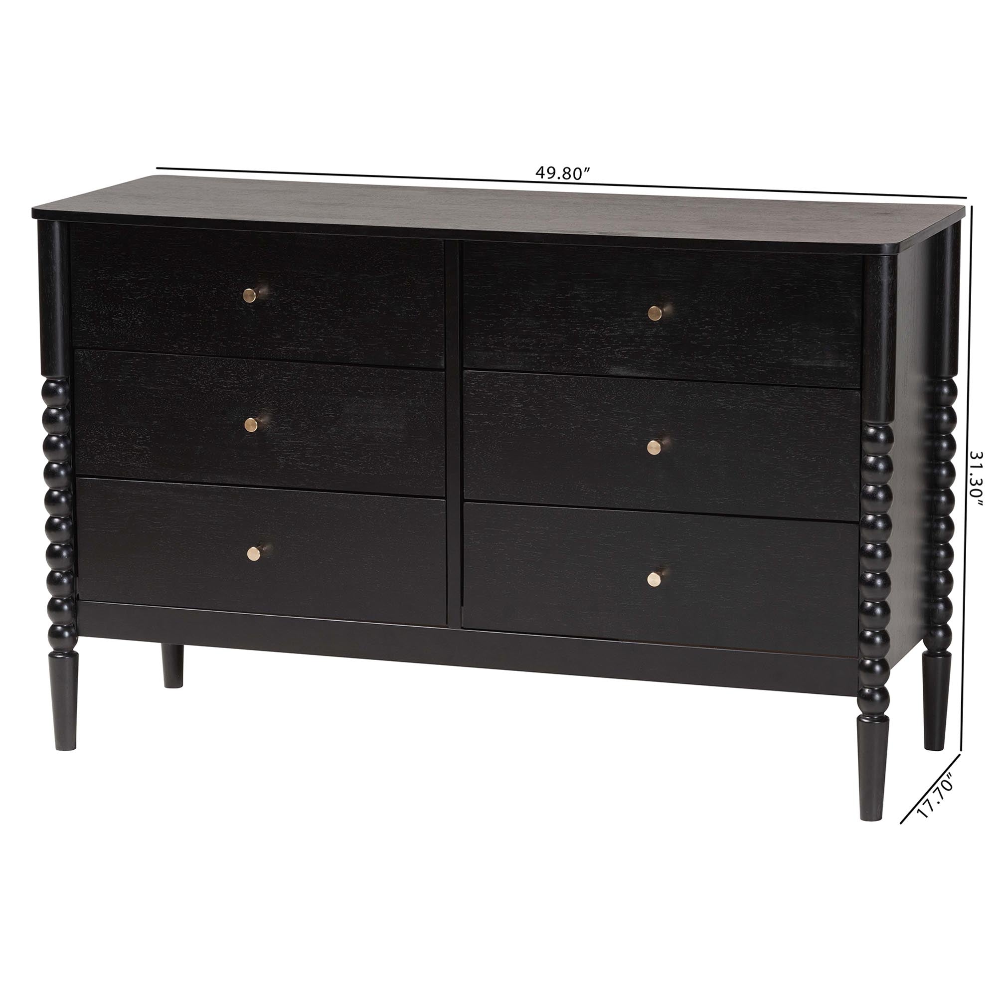 Lucera Mid-Century Black Bobbin Wood 6-Drawer Dresser