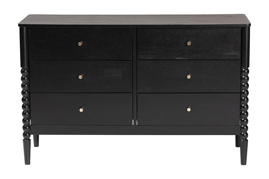 Lucera Mid-Century Black Bobbin Wood 6-Drawer Dresser