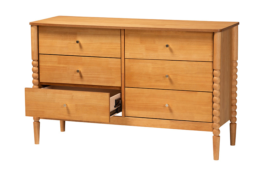 Lucera Mid-Century Oak Brown Bobbin Wood 6-Drawer Dresser