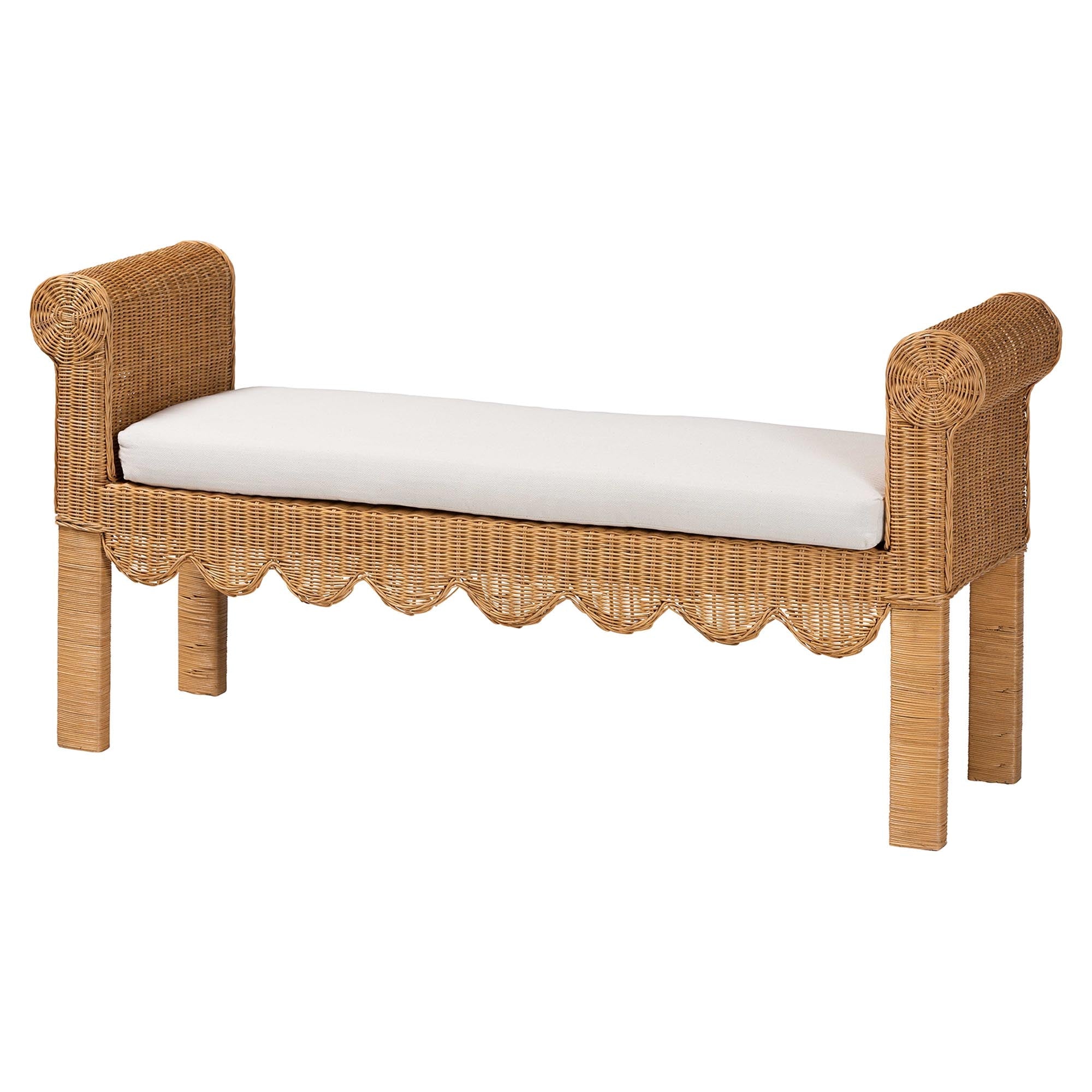 Reiko Handwoven Natural Rattan Bench with Scalloped Detailing - Boho Farmhouse Entryway, Bedroom, or Living Room Accent Seating