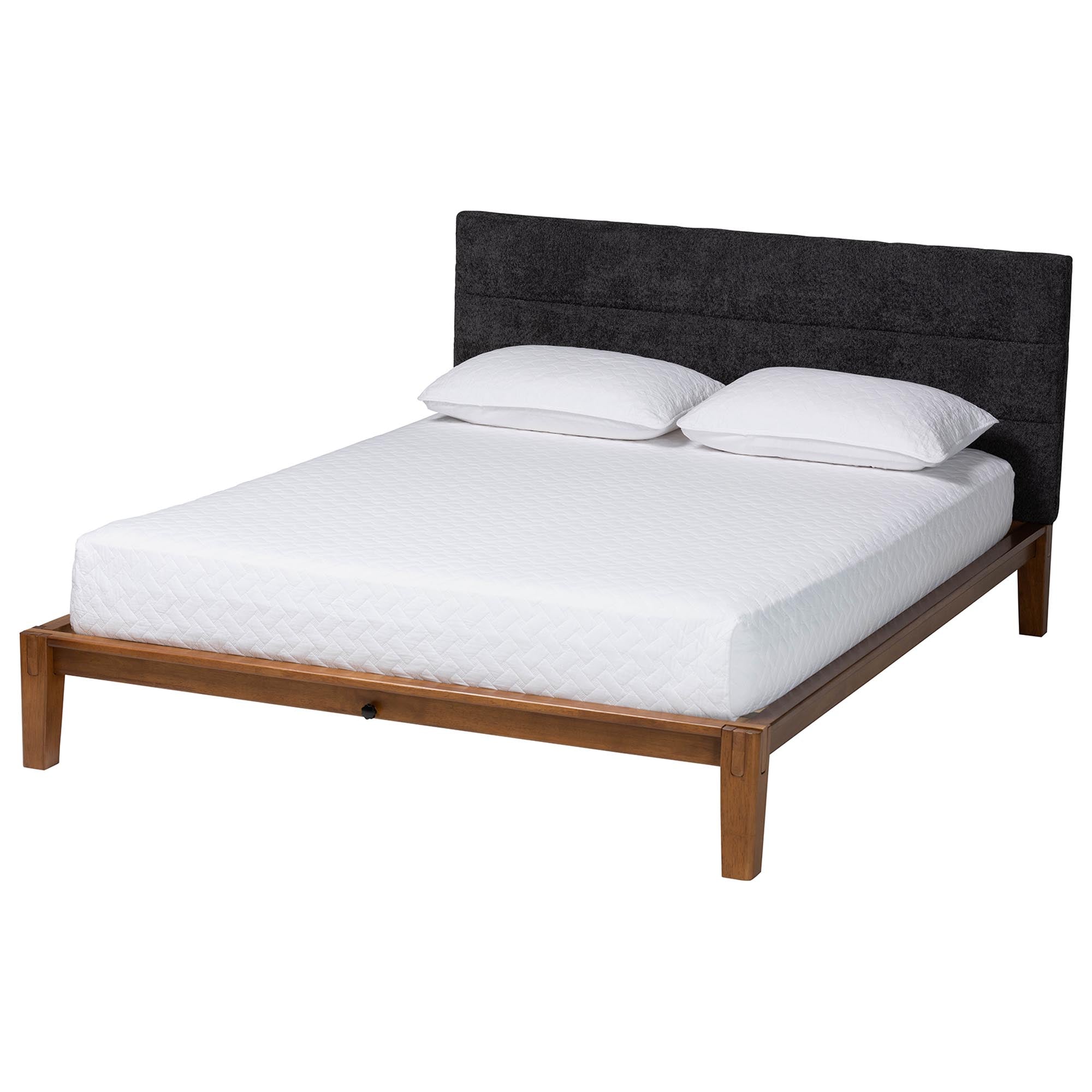 Mariette Japandi Dark Grey Teddy Fabric and Walnut Brown Wood Queen Bed