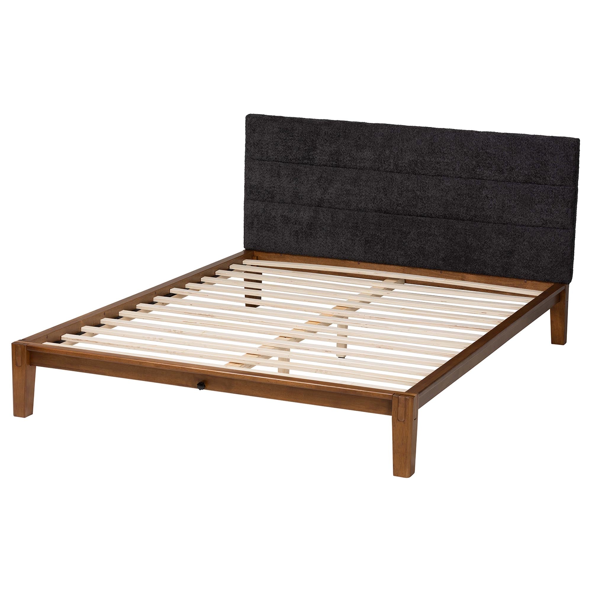 Mariette Japandi Dark Grey Teddy Fabric and Walnut Brown Wood Queen Bed