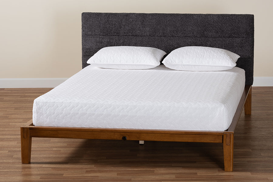 Mariette Japandi Dark Grey Teddy Fabric and Walnut Brown Wood Queen Bed