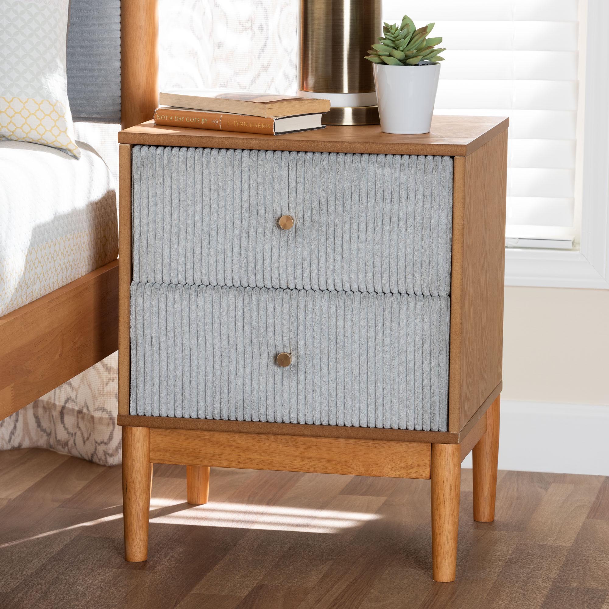Taylin Mid-Century Grey Corduroy and Oak Brown Wood 2-Drawer Nightstand