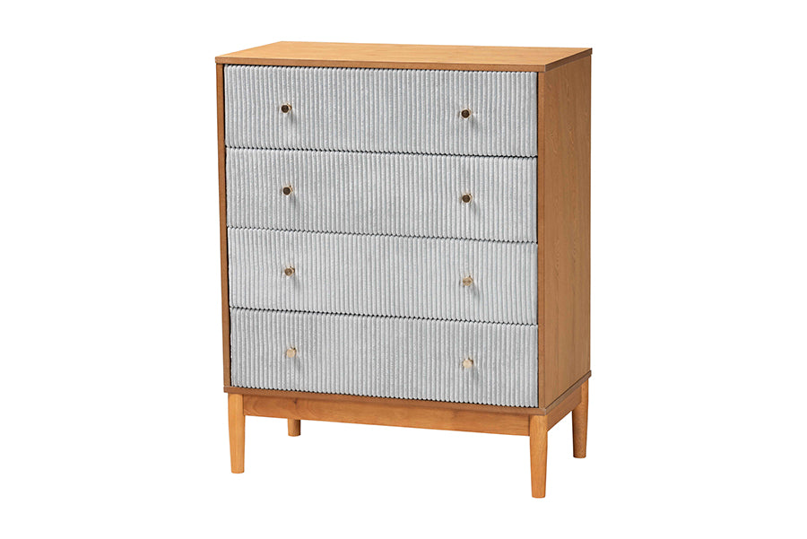 Taylin Mid-Century Grey Corduroy and Oak Brown Wood 4-Drawer Chest
