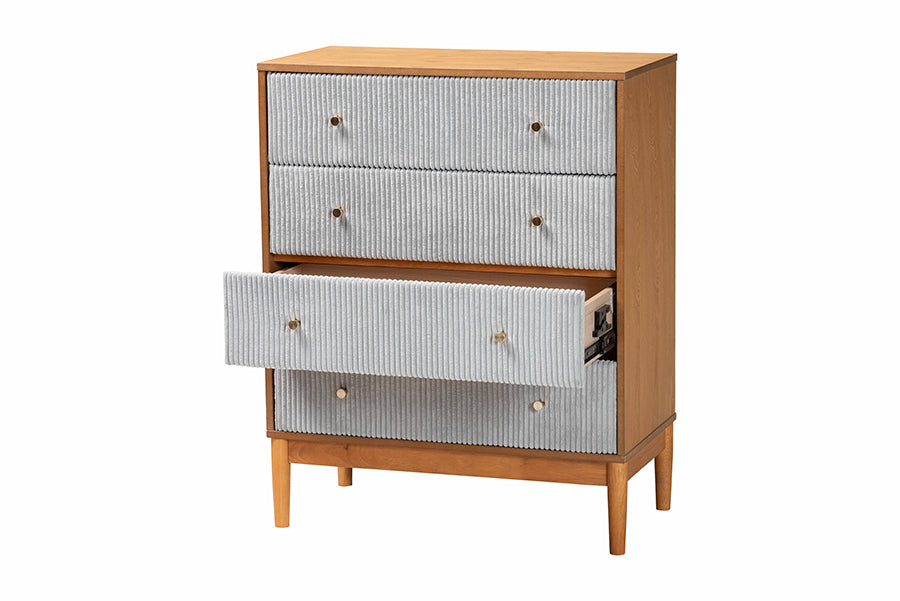Taylin Mid-Century Grey Corduroy and Oak Brown Wood 4-Drawer Chest