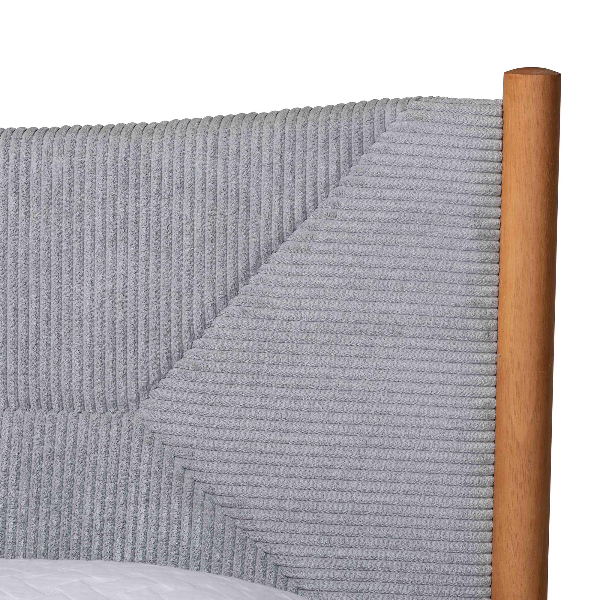 Taylin Mid-Century Grey Corduroy and Oak Brown Wood Queen Bed