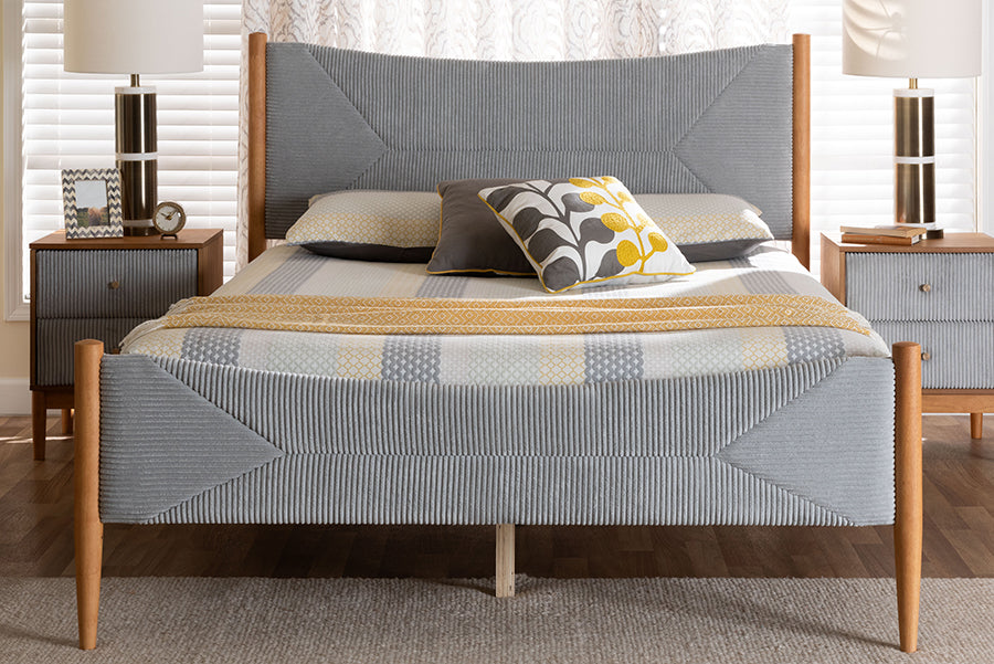 Taylin Mid-Century Grey Corduroy and Oak Brown Wood Queen Bed