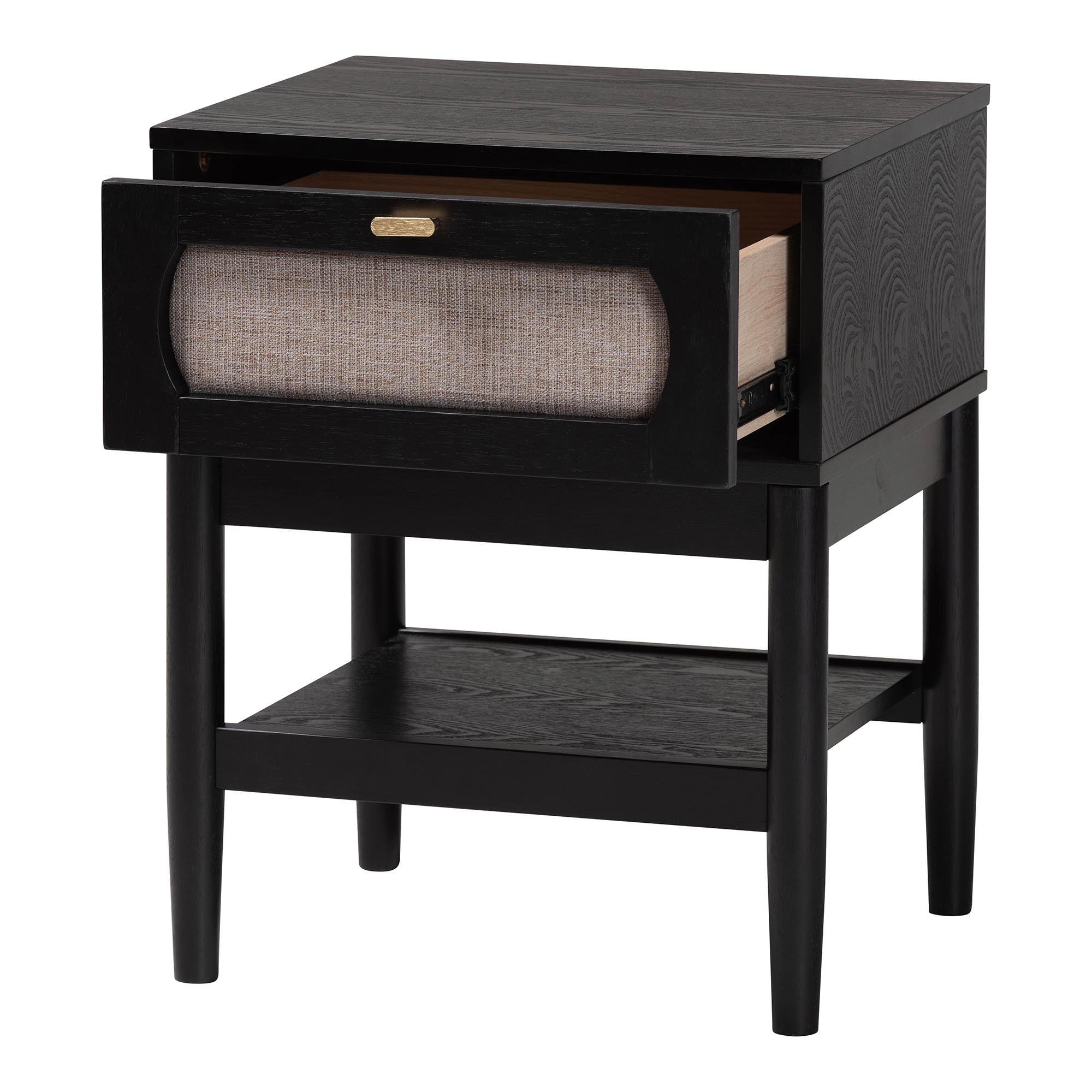 Shirin Mid-Century Beige Fabric and Black Wood 1-Drawer Nightstand