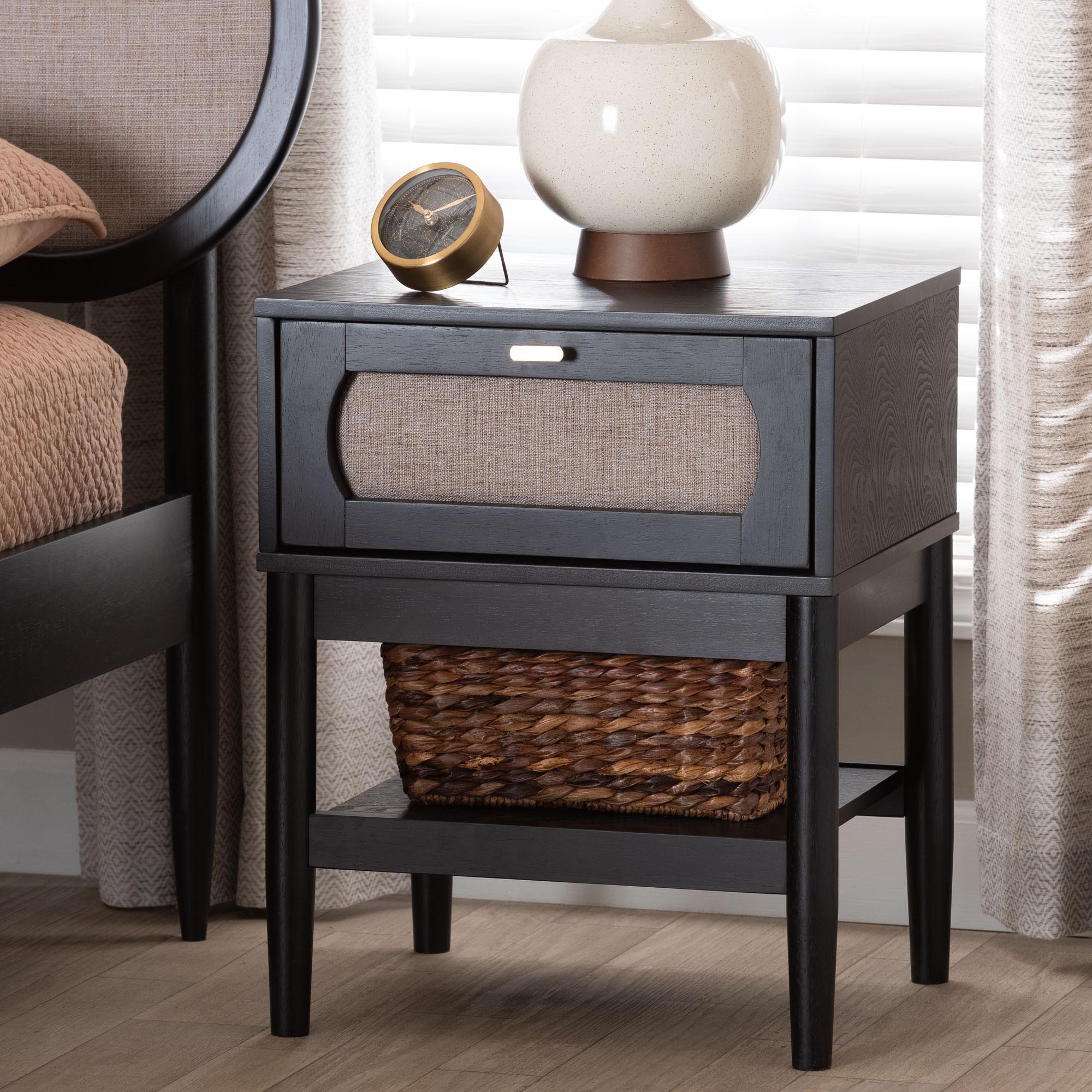 Shirin Mid-Century Beige Fabric and Black Wood 1-Drawer Nightstand