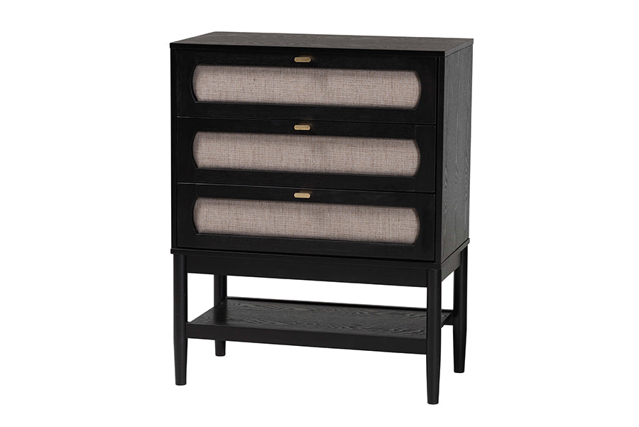 Shirin Mid-Century Beige Fabric and Black Wood 3-Drawer Chest