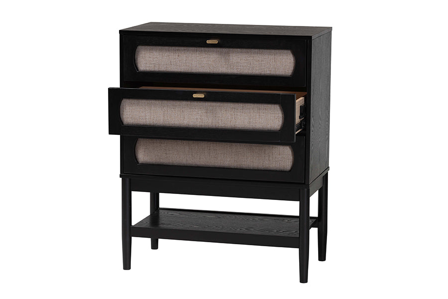Shirin Mid-Century Beige Fabric and Black Wood 3-Drawer Chest