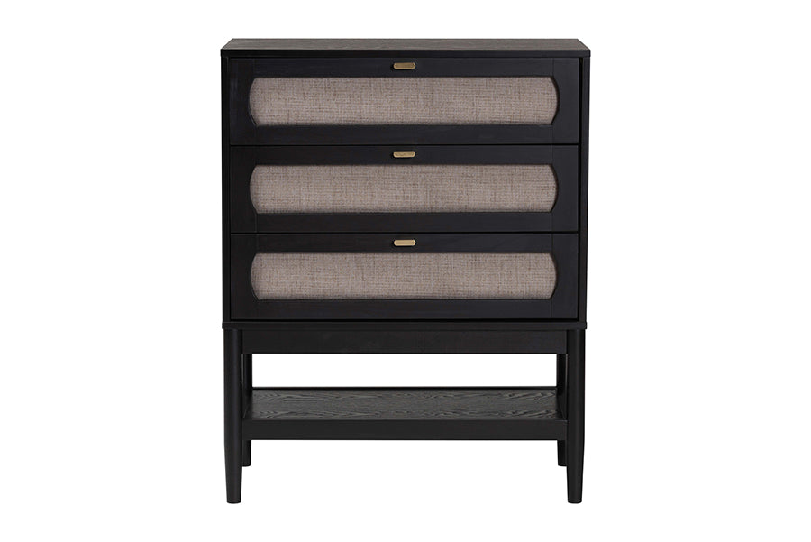 Shirin Mid-Century Beige Fabric and Black Wood 3-Drawer Chest