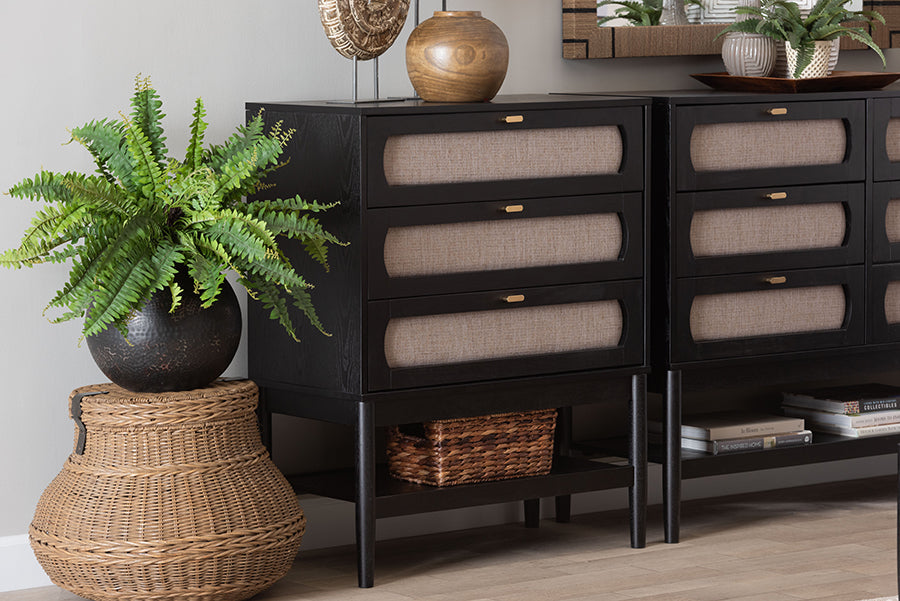 Shirin Mid-Century Beige Fabric and Black Wood 3-Drawer Chest