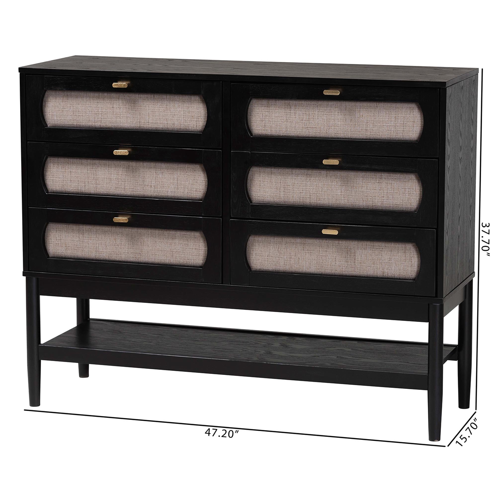 Shirin Mid-Century Beige Fabric and Black Wood 6-Drawer Dresser