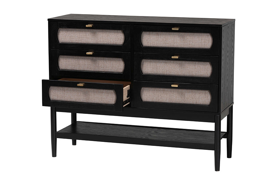 Shirin Mid-Century Beige Fabric and Black Wood 6-Drawer Dresser