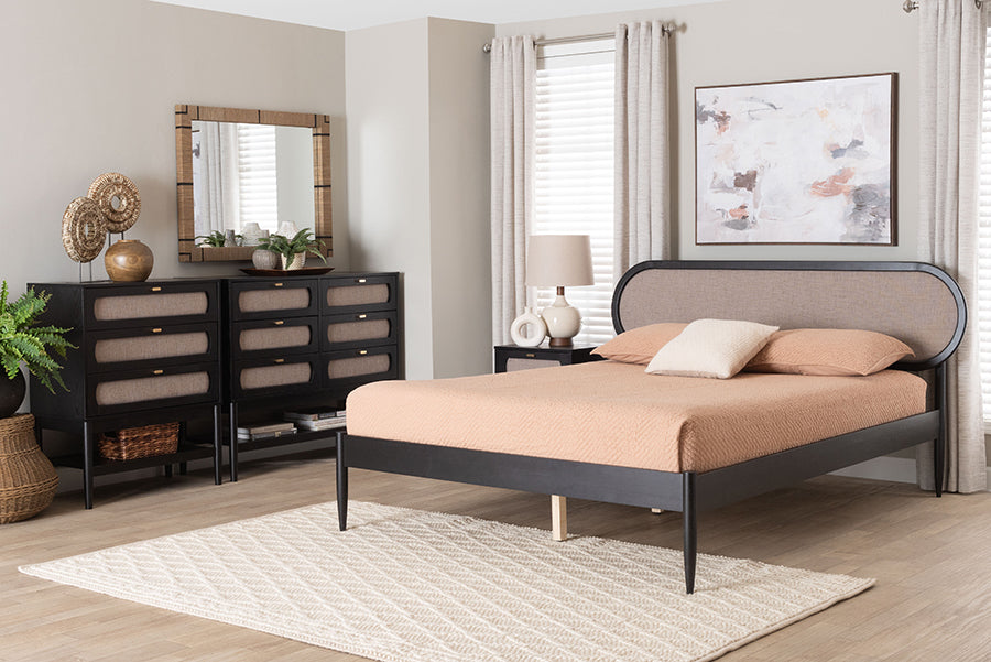 Shirin Mid-Century Beige Fabric and Black Wood Queen 4-Piece Bedroom Set