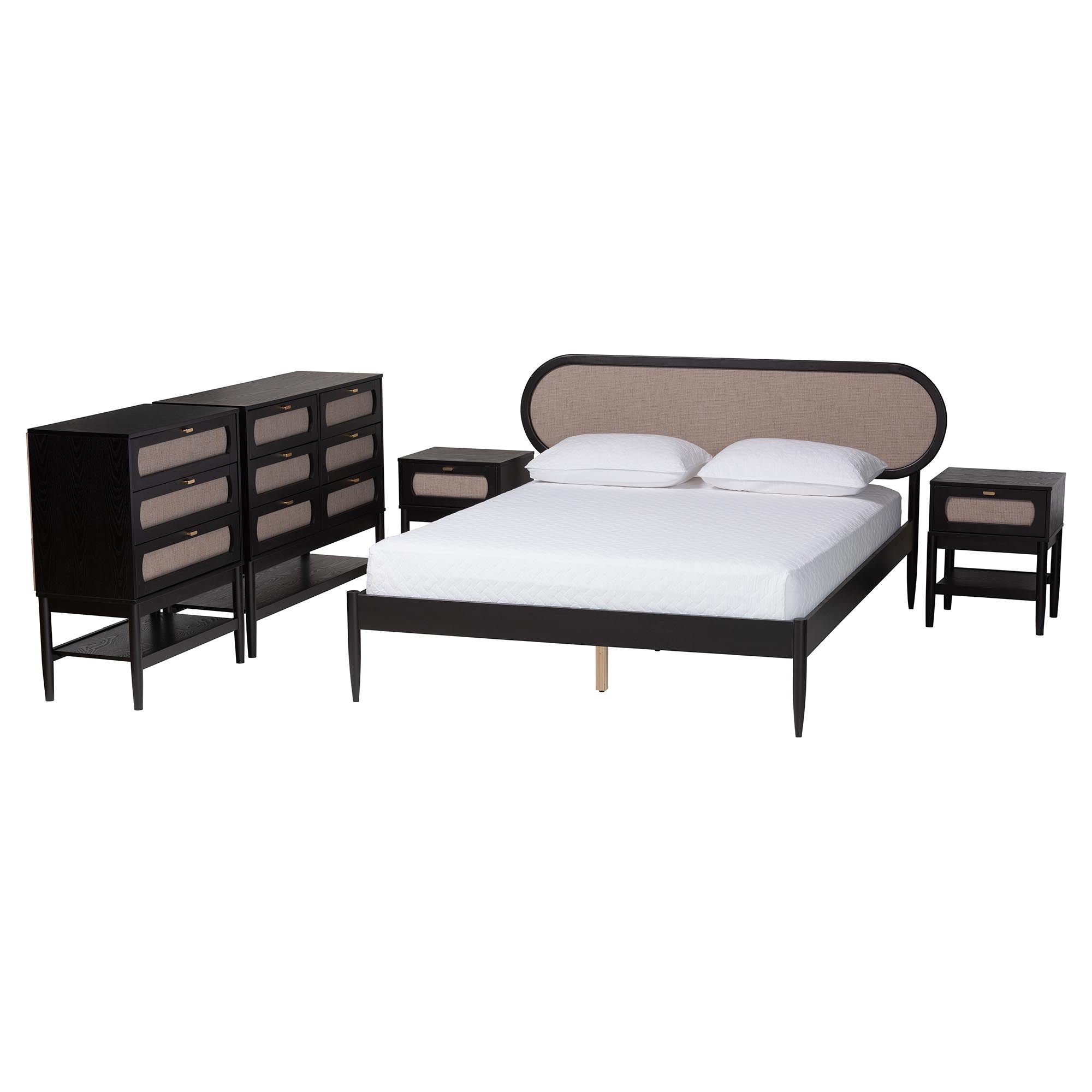 Baxton Studio Shirin Mid-Century Beige Fabric and Black Wood Queen 5-Piece Bedroom Set