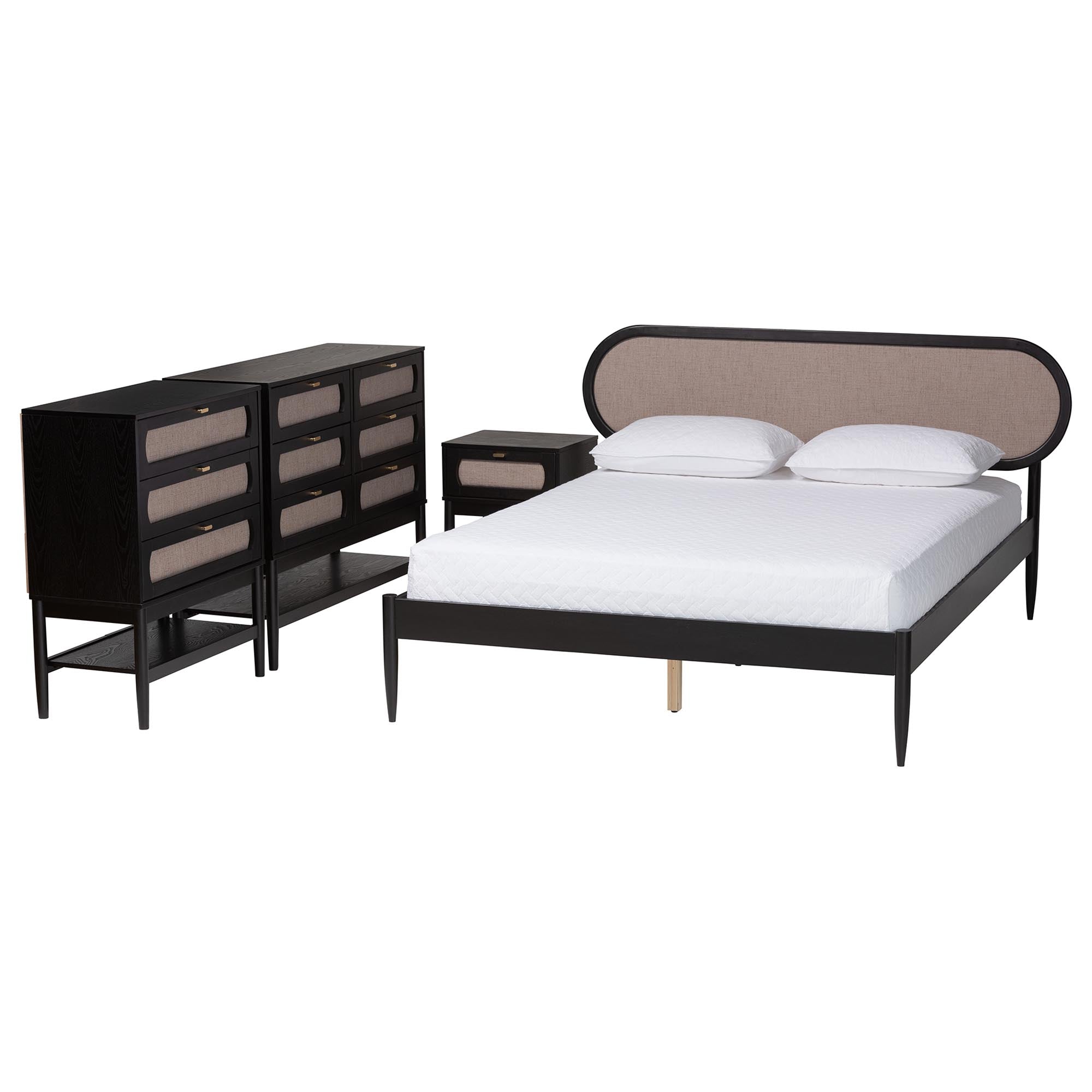 Shirin Mid-Century Beige Fabric and Black Wood Queen 4-Piece Bedroom Set
