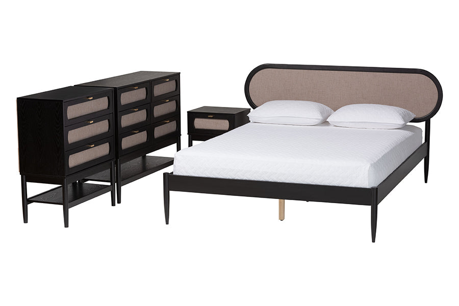 Shirin Mid-Century Beige Fabric and Black Wood Queen 4-Piece Bedroom Set