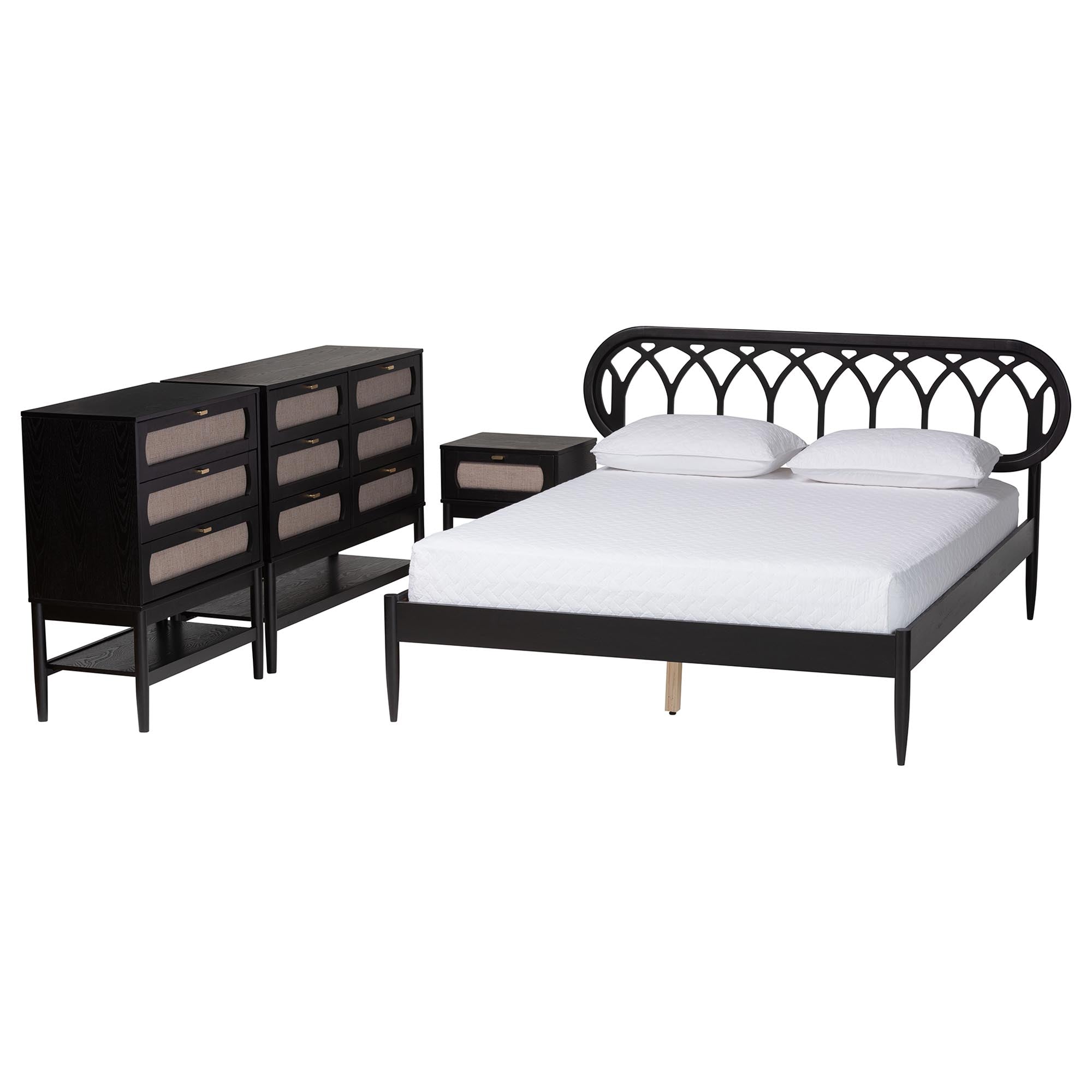 Florica Art Deco Black Wood Queen 4-Piece Bedroom Set