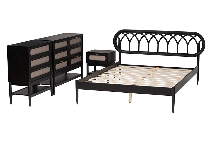Florica Art Deco Black Wood Queen 4-Piece Bedroom Set
