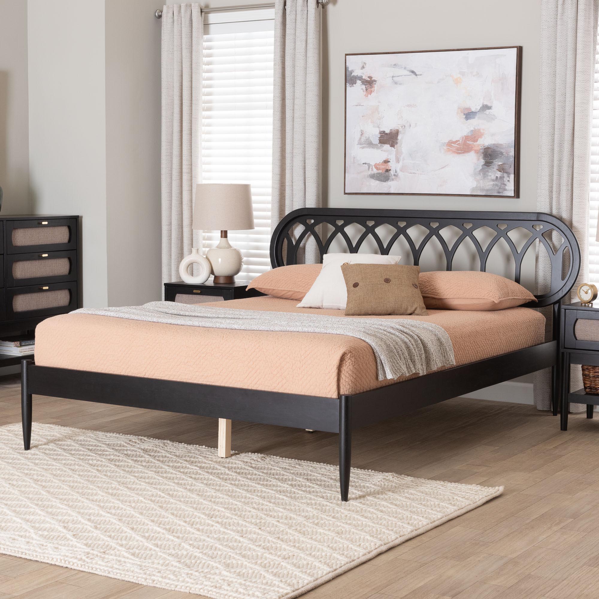 Florica Art Deco Black Wood Queen Platform Bed