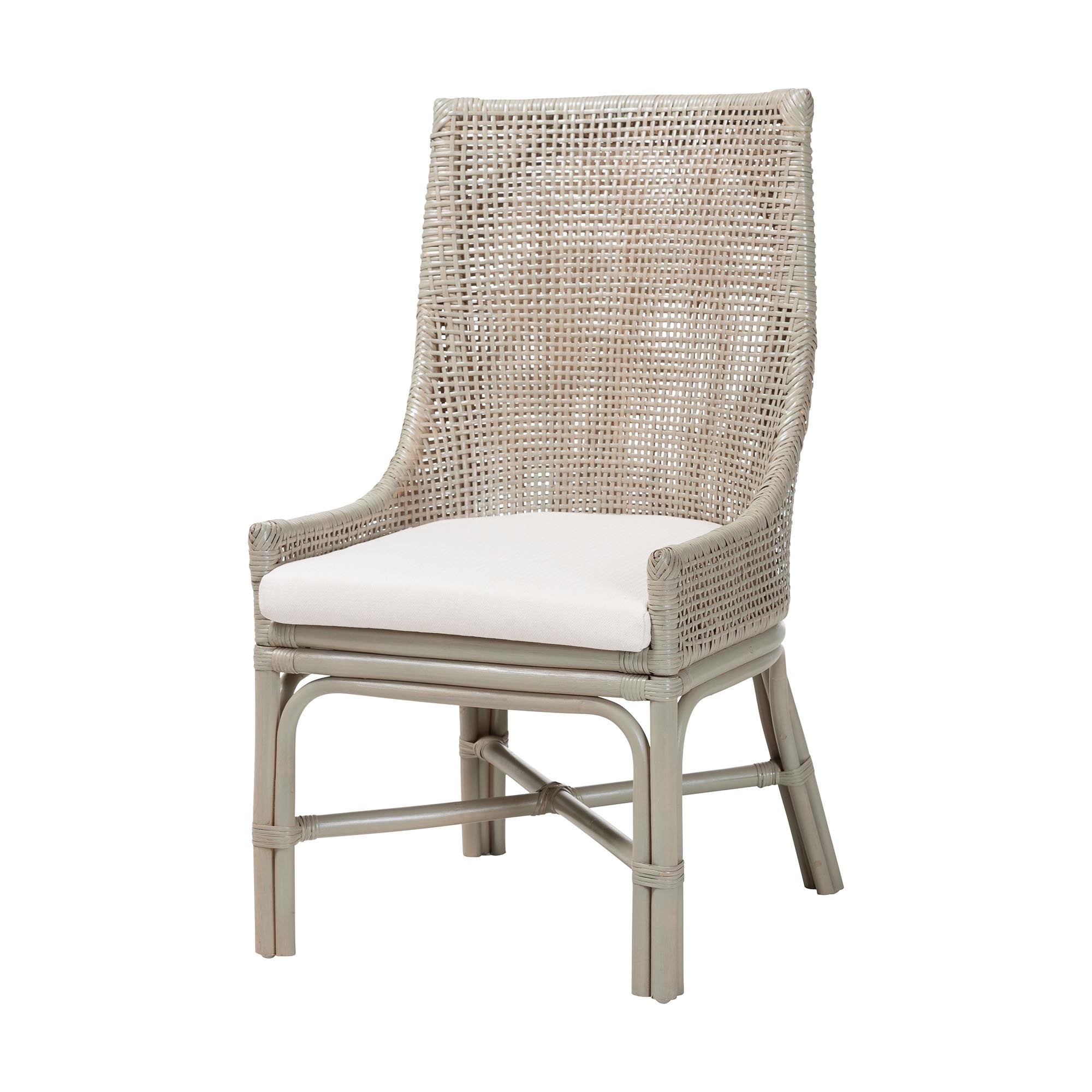Bella Rattan Dining Chair with Cushion - Handwoven Wicker Accent Side Chair with High Backrest, Coastal Boho Seating for Kitchen or Dining Area, French Grey