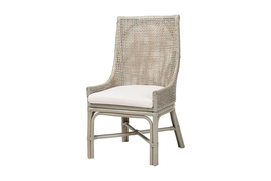 Bella Rattan Dining Chair with Cushion - Handwoven Wicker Accent Side Chair with High Backrest, Coastal Boho Seating for Kitchen or Dining Area, French Grey