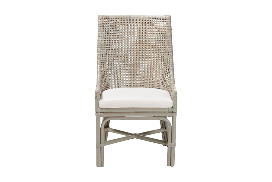 Bella Rattan Dining Chair with Cushion - Handwoven Wicker Accent Side Chair with High Backrest, Coastal Boho Seating for Kitchen or Dining Area, French Grey