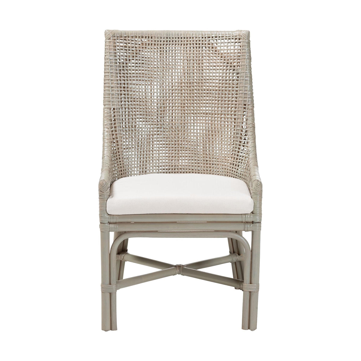 Bella Rattan Dining Chair with Cushion - Handwoven Wicker Accent Side Chair with High Backrest, Coastal Boho Seating for Kitchen or Dining Area, French Grey