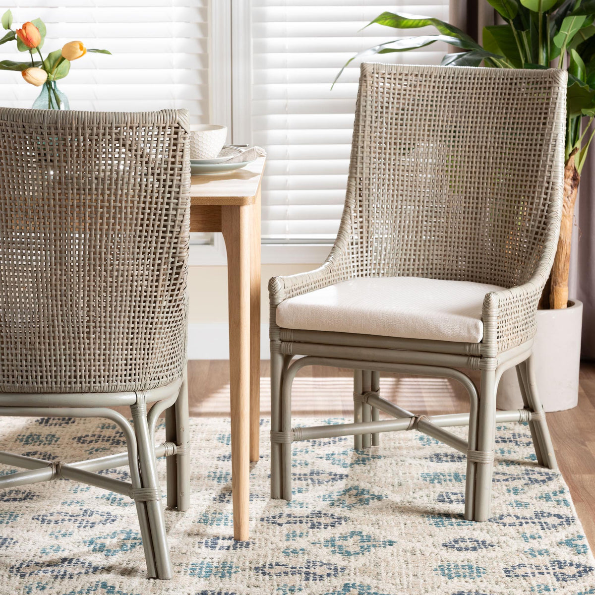 Bella Rattan Dining Chair with Cushion - Handwoven Wicker Accent Side Chair with High Backrest, Coastal Boho Seating for Kitchen or Dining Area, French Grey
