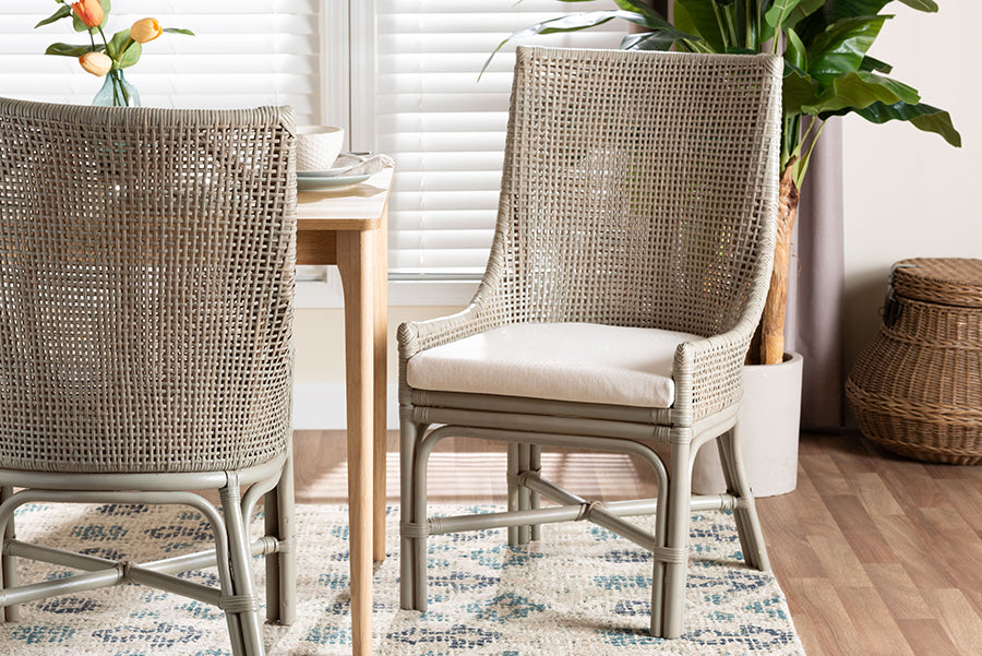 Bella Rattan Dining Chair with Cushion - Handwoven Wicker Accent Side Chair with High Backrest, Coastal Boho Seating for Kitchen or Dining Area, French Grey