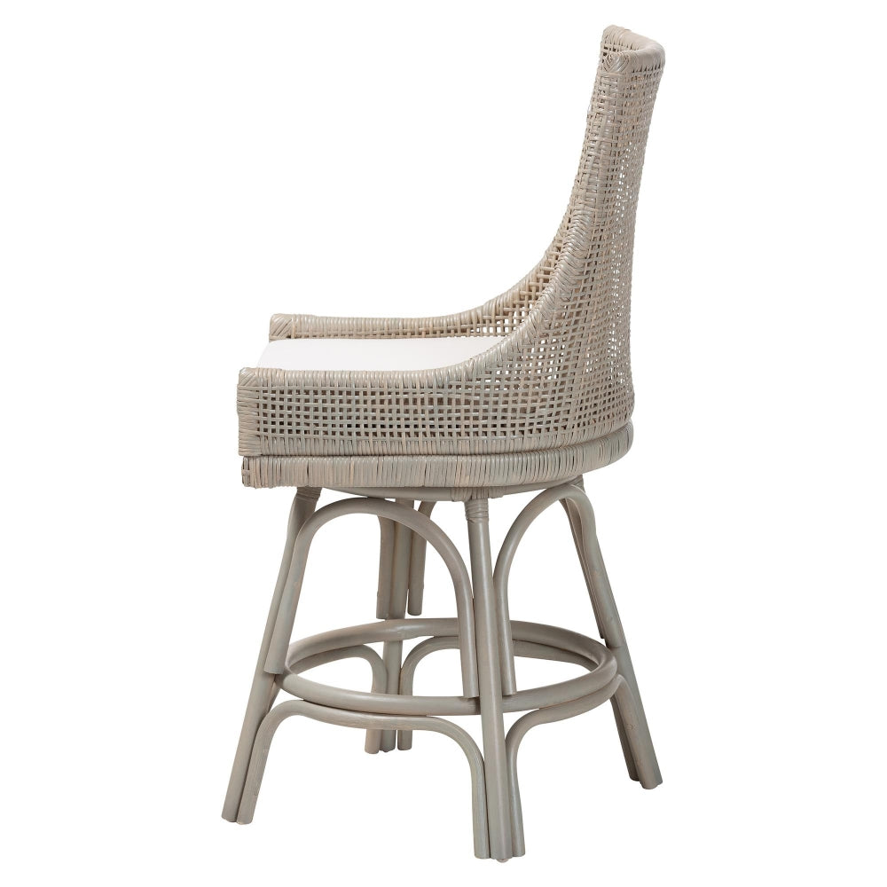 Bella Swivel Rattan Counter Stool with Cushion - Handwoven Wicker Kitchen Island Seating with Backrest and Footrest, French Grey