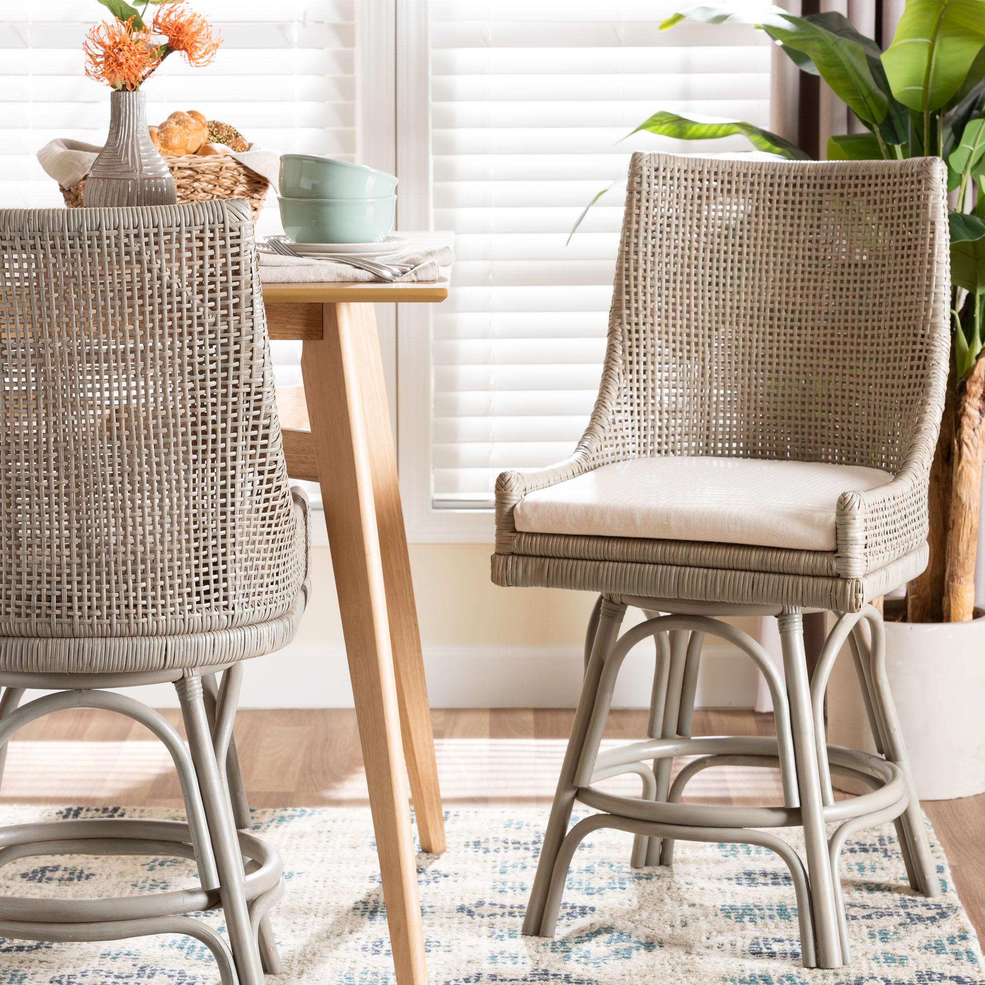 Bella Swivel Rattan Counter Stool with Cushion - Handwoven Wicker Kitchen Island Seating with Backrest and Footrest, French Grey