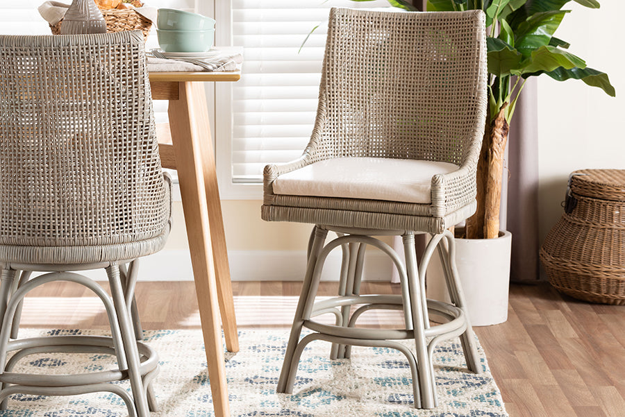 Bella Swivel Rattan Counter Stool with Cushion - Handwoven Wicker Kitchen Island Seating with Backrest and Footrest, French Grey
