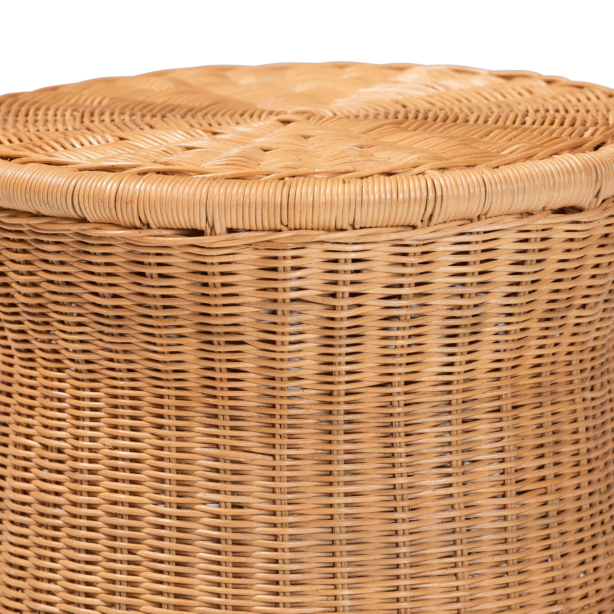 Caroline Round Natural Rattan End Table - Handwoven Wicker Drum Shape Accent Table for Living Room or Sunroom, Light Honey