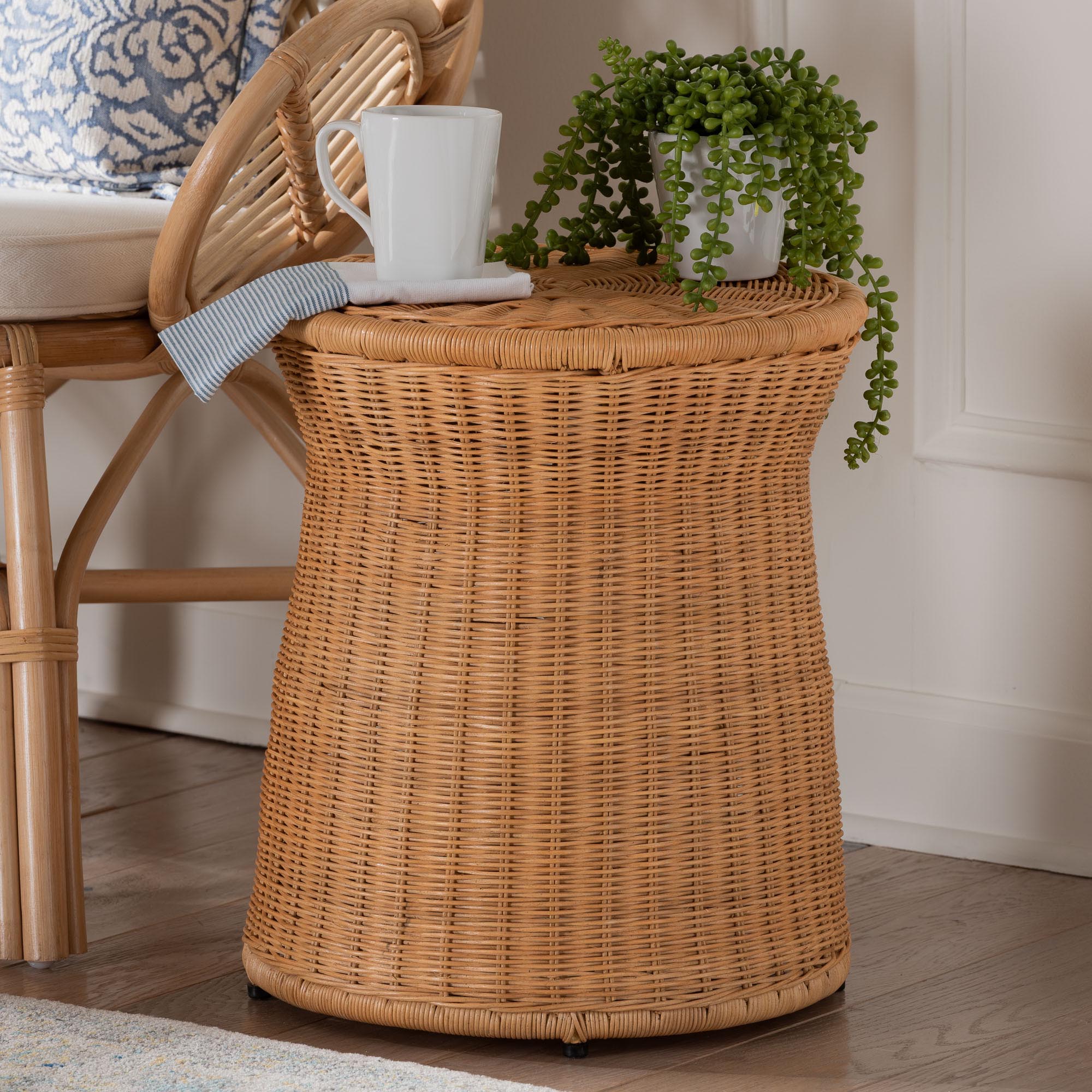 Caroline Round Natural Rattan End Table - Handwoven Wicker Drum Shape Accent Table for Living Room or Sunroom, Light Honey