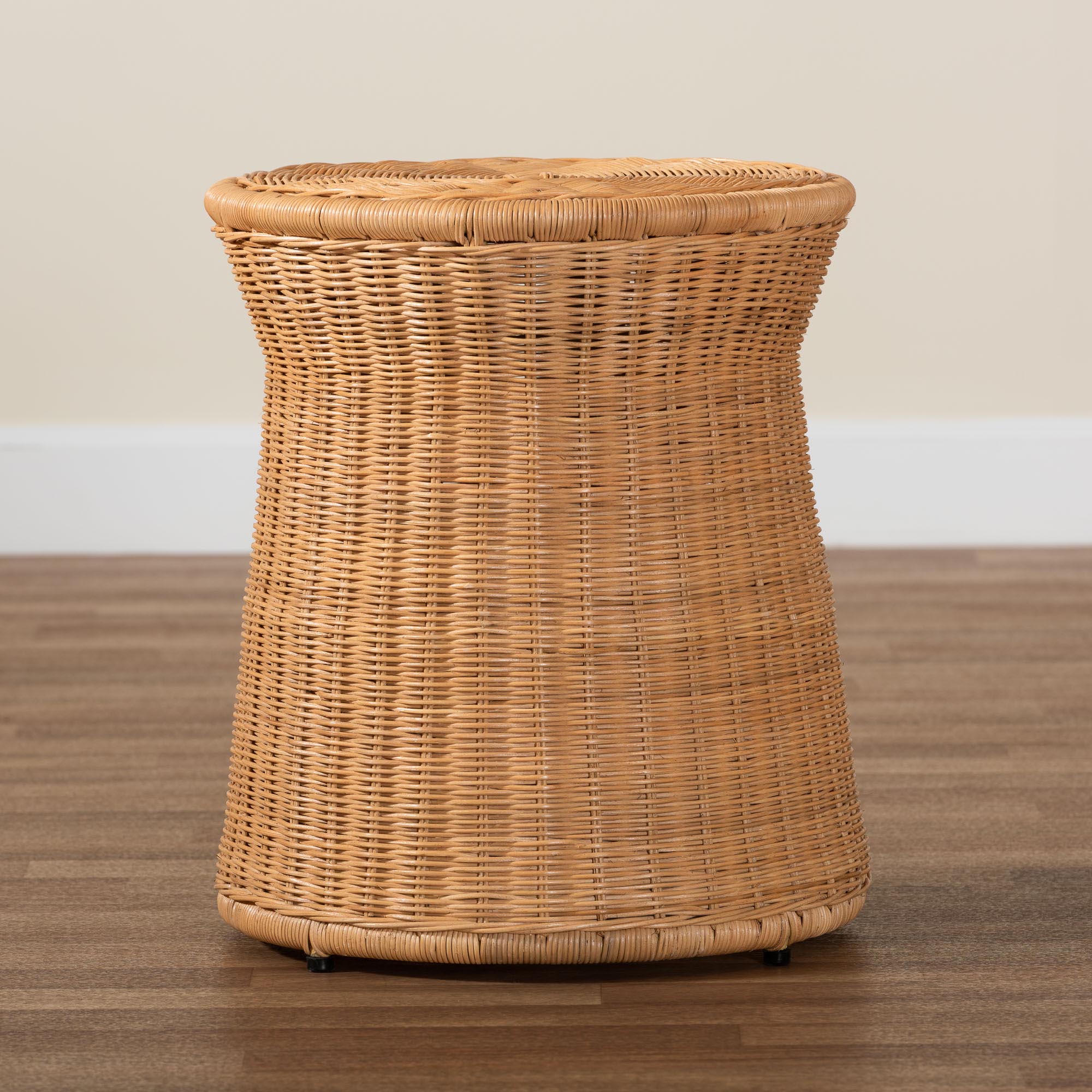 Caroline Round Natural Rattan End Table - Handwoven Wicker Drum Shape Accent Table for Living Room or Sunroom, Light Honey