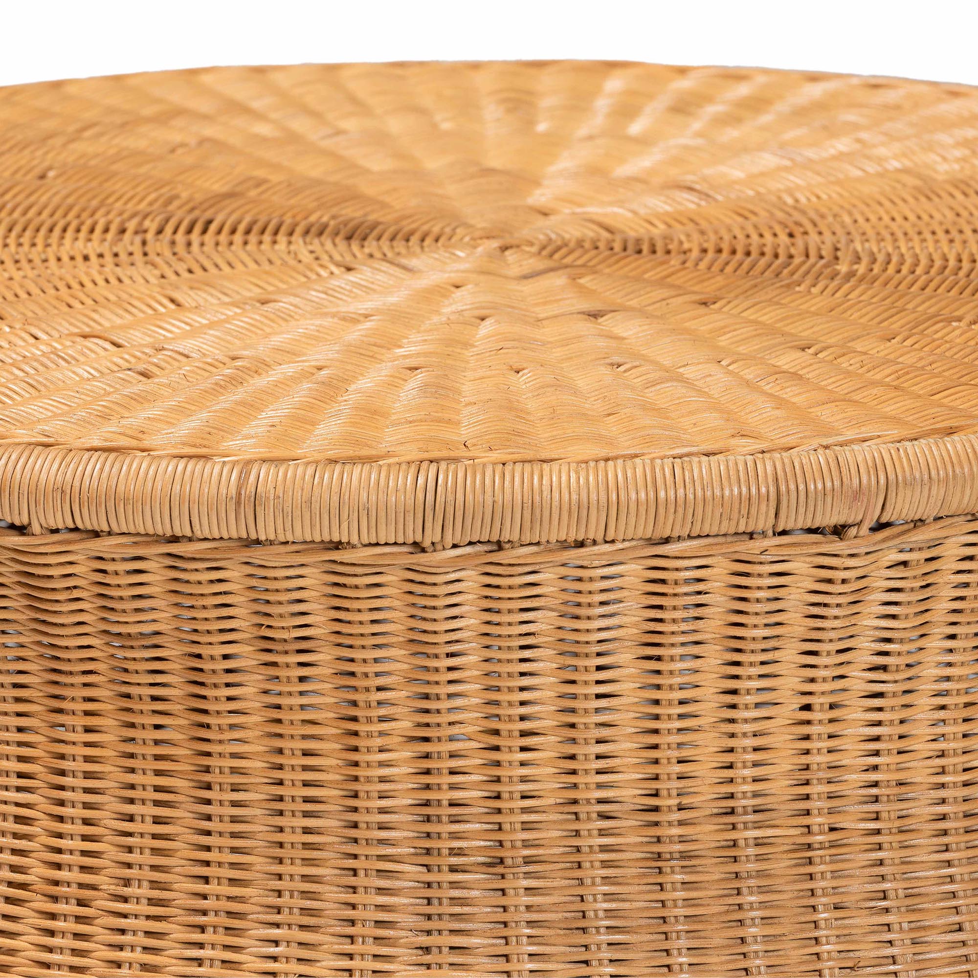 Caroline Round Natural Rattan Coffee Table - Handwoven Wicker Drum Shape Accent Table for Living Room or Sunroom, Light Honey