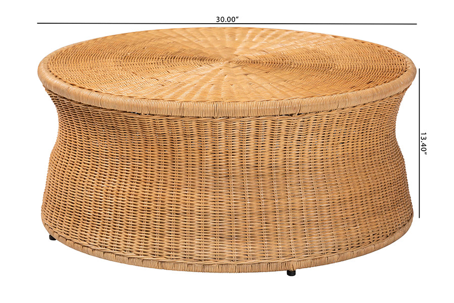Caroline Round Natural Rattan Coffee Table - Handwoven Wicker Drum Shape Accent Table for Living Room or Sunroom, Light Honey
