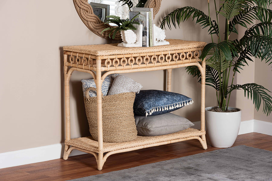 Oxford Braided Natural Rattan Console Table with Open Shelf - Coastal Boho Entryway or Hallway Accent Table with Decorative Loop Detailing