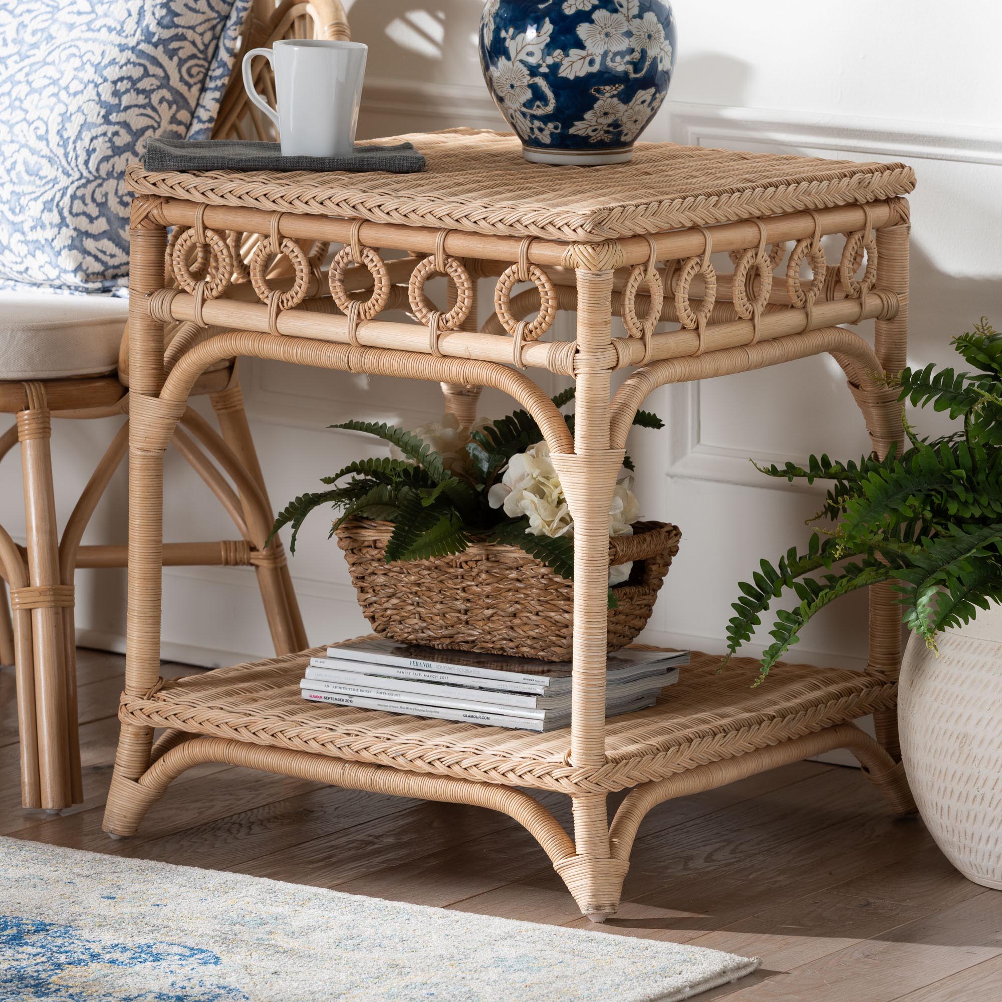 Oxford Braided Natural Rattan End Table with Shelf - Square Boho Accent Table with Decorative Loop Detailing, Coastal Style for Living Room or Bedroom