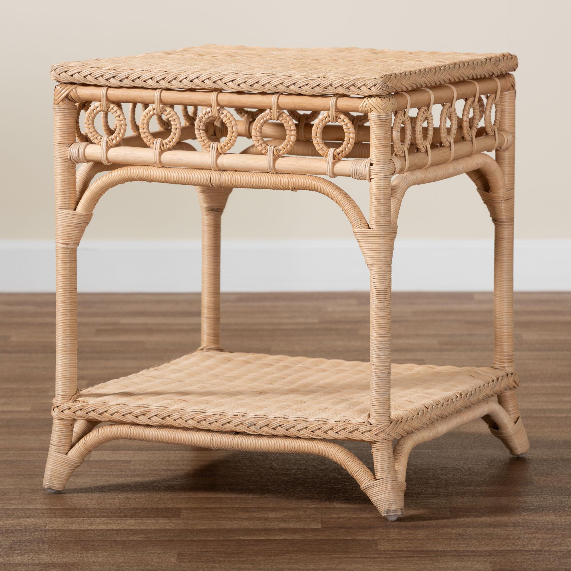 Oxford Braided Natural Rattan End Table with Shelf - Square Boho Accent Table with Decorative Loop Detailing, Coastal Style for Living Room or Bedroom